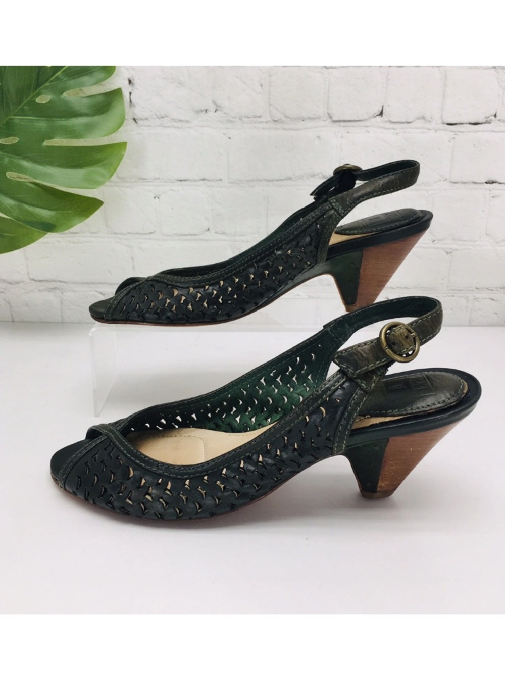 Frye Maya Slingback Heels – Green Leather Peep Toe